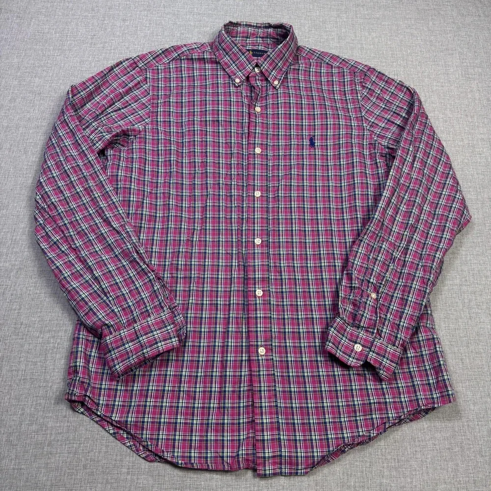 Ralph Lauren Button-Down Shirt Mens M Pink Plaid Long Sleeve Cotton Embroidered